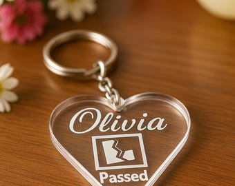 Personalised Passed Driving Test Keyring: Engraved Acrylic Heart Gift present