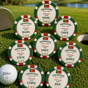 May include: Eight round, green and white poker-style chips featuring the text SWINGERS GOLF TRIP PORTUGAL 2026, a small Portuguese flag, and a golf ball with clubs icon. Each chip is personalised with a name: Mark, Dave, Andy, Steve, James, Chris, or Ben.