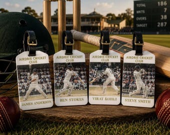 Etichetta personalizzata per borsa da cricket – Etichetta sportiva per bagagli con cinturino in pelle / Regalo per giocatori e soci di cricket / Nome e immagine personalizzabili /