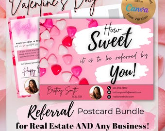 Postal de agradecimiento por recomendación de bienes raíces o cualquier negocio para el día de San Valentín, plantilla de Canva para correo de marketing con tarjeta emergente para las fiestas de febrero de un agente inmobiliario