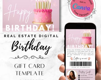 Plantilla de marketing Canva para tarjeta de regalo de Starbucks Coffee con texto digital de feliz cumpleaños para agente inmobiliario, tarjeta de presentación de agente inmobiliario, regalo electrónico de agradecimiento