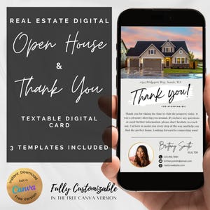 Tarjeta digital con formato de texto para invitación a jornada de puertas abiertas de agradecimiento de agente inmobiliario, plantilla Canva de agradecimiento por venir, folleto de marketing, descarga instantánea