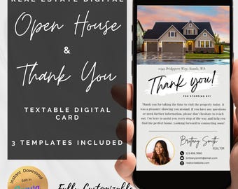 Tarjeta digital textable de invitación de puertas abiertas de agradecimiento de bienes raíces, plantilla de Canva de agradecimiento del agente inmobiliario, folleto de marketing, descarga instantánea