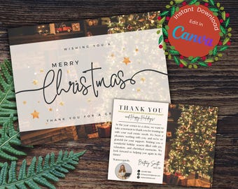 May include: A Christmas card with the words "Merry Christmas" in elegant script, adorned with gold stars. A smaller card reads "Thank You and Happy Holidays!" with a Christmas tree image. The design includes a "Instant Download Edit in Canva" graphic.