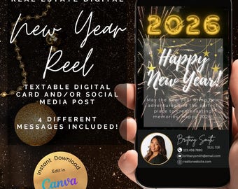 Bienes raíces Feliz Año Nuevo 2026 Marketing inmobiliario Redes sociales Reels Publicación Tarjeta digital, Agente inmobiliario Feliz Año Nuevo Marketing inmobiliario Canva