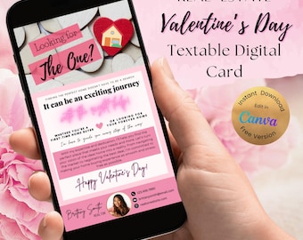 Plantilla de correo de marketing emergente para febrero con tarjeta de texto digital para compradores y clientes de bienes raíces para el día de San Valentín