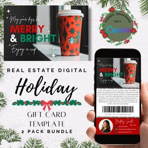 Modello di business bundle di marketing per buoni regalo per caffè, grazie per le vacanze di Natale digitali, modello di messaggio di testo immobiliare, agente immobiliare, cliente, saluto festivo