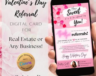 Tarjeta digital de agradecimiento por recomendación de bienes raíces o cualquier negocio para el día de San Valentín, plantilla de Canva para correo de marketing con formato de texto para las fiestas de febrero de un agente inmobiliario