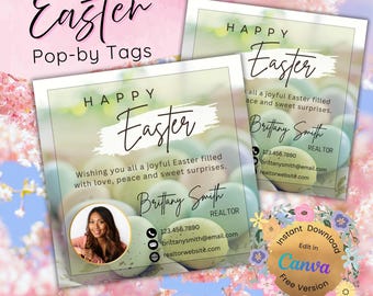 Etiqueta de regalo de Pascua para inmobiliarias, publicación de marketing de primavera en redes sociales para agentes inmobiliarios, tarjeta de presentación imprimible con texto y descarga digital.