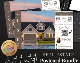 Paquete de postales de agente inmobiliario recién publicado, correo de marketing de propiedades de lujo para nuevos anuncios, plantillas personalizadas de Canva para casas en venta.