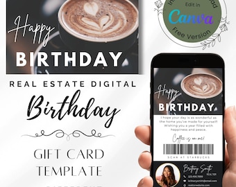 Plantilla de marketing Canva para tarjeta de regalo de Starbucks Coffee con texto digital de feliz cumpleaños para agente inmobiliario, tarjeta de presentación de agente inmobiliario, regalo electrónico de agradecimiento