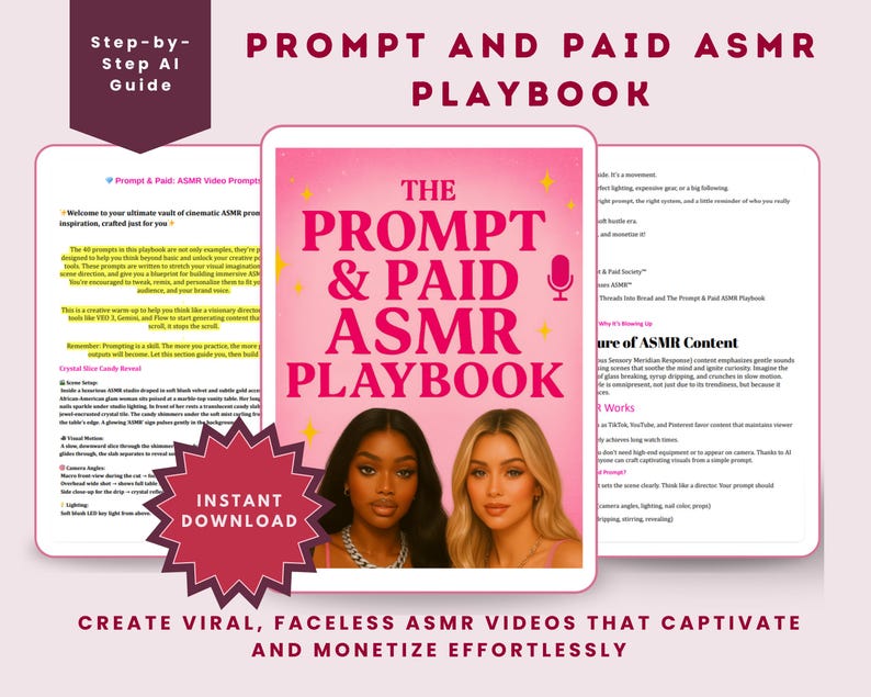 May include: A digital guide titled "Prompt & Paid ASMR Playbook" with a pink and white cover featuring two women. The guide promises to help create viral, faceless ASMR videos and monetize them. The image includes the text "Instant Download".