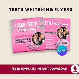以下が含まれることがあります： 歯のホワイトニングサービスのピンク色のチラシテンプレート。「Laser Teeth Whitening」と「Teeth Whitening Training」の文字が入っています。女性とダイヤモンドの画像が含まれています。インスタントダウンロードが可能です。