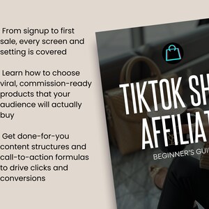 以下が含まれることがあります： ショッピングバッグのアイコンが付いた「TikTok Shop Affiliate Beginner's Guide」というタイトルのガイド。このガイドでは、ウイルス性の製品の選択、コンテンツ構造の作成、クリックとコンバージョンの生成などについて説明しています。