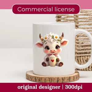 Baby Cow Clipart PNG – Cute Plushie Style Cow with Daisy Crown & Mocha Cup – Pastel Farm Animal Sticker Sublimation Design