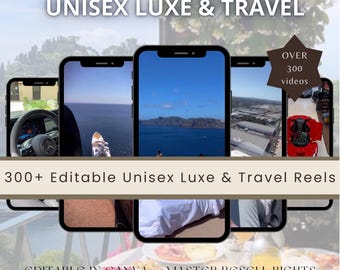 May include: A collage of images showcasing a collection of over 300 editable unisex travel and luxury themed reels. The text "300+ Editable Unisex Luxe & Travel Reels" is displayed in the center of the image. The text "EDITABLE IN CANVA MASTER RESELL RIGHTS" is displayed at the bottom of the image.