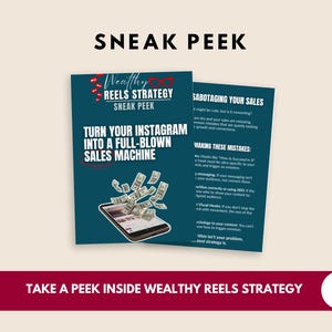 May include: A promotional image with the text "SNEAK PEEK" at the top. Two brochures are displayed, one with the title "TURN YOUR INSTAGRAM INTO A FULL-BLOWN SALES MACHINE" and the other with the title "SABOTAGING YOUR SALES".