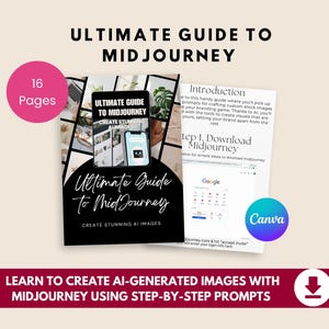 May include: A guide titled "Ultimate Guide to Midjourney" with the text "Create Stunning AI Images." The guide includes 16 pages and step-by-step prompts for creating AI-generated images. The guide also features the Canva logo.