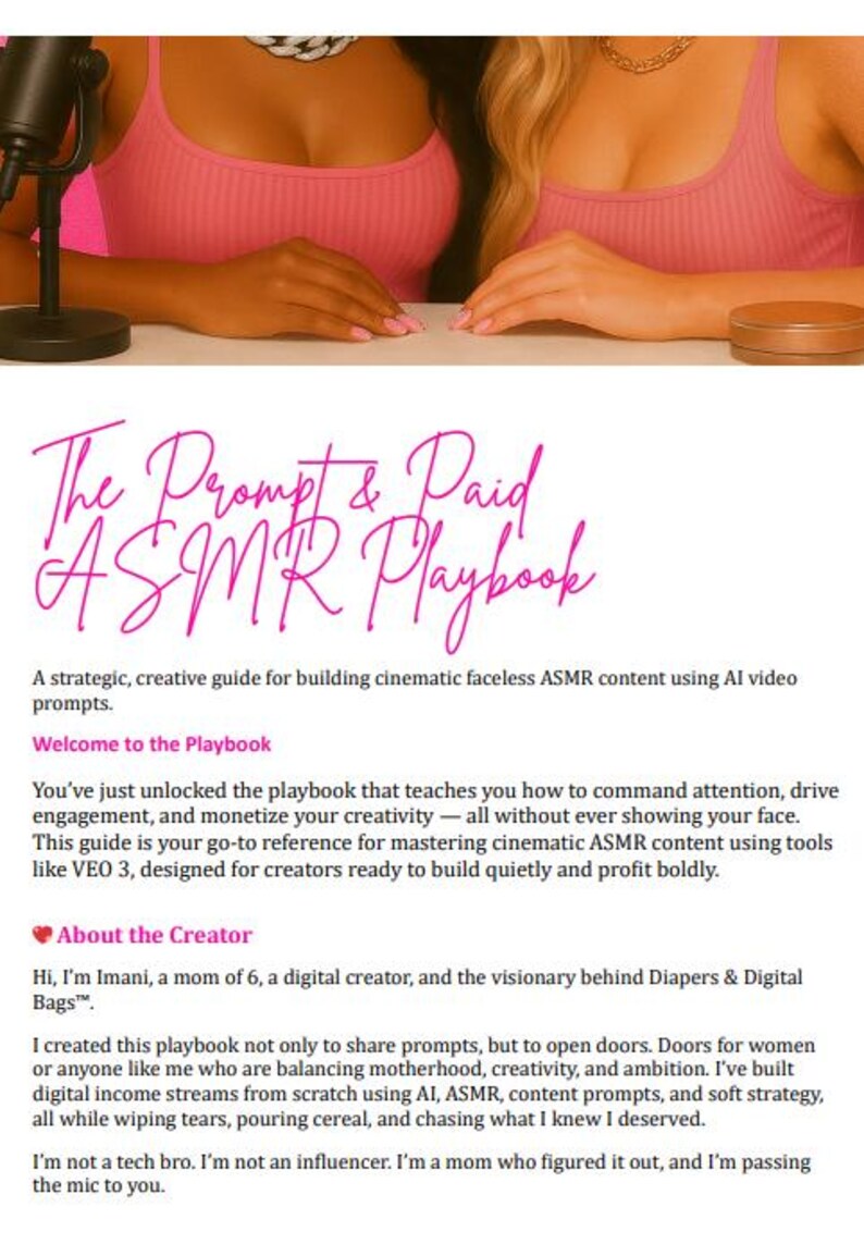 May include: Pink tank tops are worn by two people, with a microphone and a small, round, gold-colored container in the foreground. The text "The Prompt & Paid ASMR Playbook" is written in a cursive font.