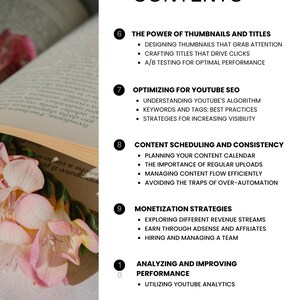 May include: A page from a book titled "Table of Contents" with headings and bullet points. Topics include YouTube SEO, content scheduling, monetization strategies, and analytics. Pink flowers and a book are in the background.