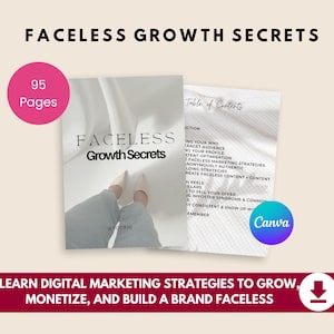 Op de afbeelding: Een boek getiteld "FACELESS Growth Secrets" met 95 pagina's, samen met een pagina "Inhoudsopgave". De boekomslag toont tekst en de benen en voeten van een persoon. De afbeelding bevat ook het Canva-logo en de tekst: "LEER DIGITALE MARKETINGSTRATEGIEËN OM TE GROEIEN, TE MONETISEREN EN EEN FACELESS MERK OP TE BOUWEN."