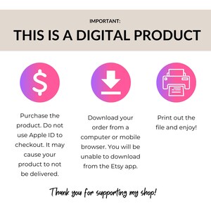 Op de afbeelding: Een digitale productgids met instructies en pictogrammen. De tekst luidt "DIT IS EEN DIGITAAL PRODUCT." Instructies omvatten aankoop, downloaden en afdrukken. De afbeelding heeft een roze en paars kleurenschema.