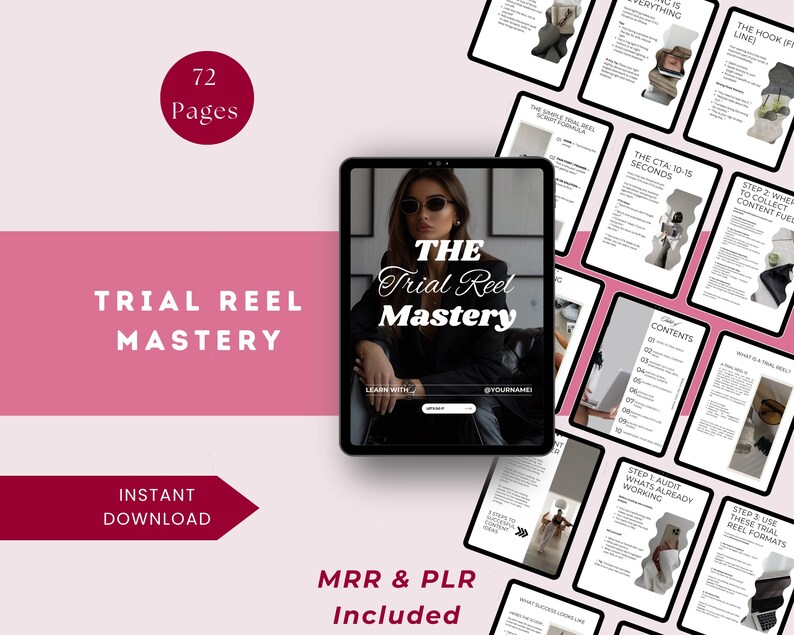 May include: Digital product titled "Trial Reel Mastery" with 72 pages, featuring a woman in sunglasses. Includes "Instant Download" and "MRR & PLR Included" text. Several pages with content are also visible.