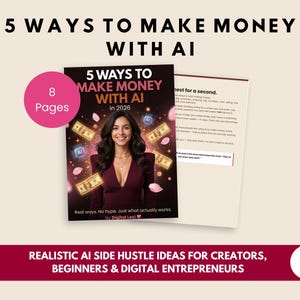 May include: A book cover titled "5 Ways to Make Money with AI in 2026" featuring a woman and dollar bills. The cover is black with gold and pink accents. The book is 8 pages and includes the text "Real ways. No hype. Just what actually works."