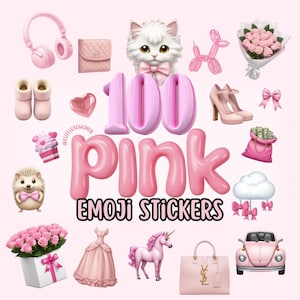 May include: A set of 100 pink emoji stickers featuring a variety of cute and whimsical designs, including a cat, unicorn, car, and flowers. The stickers are perfect for adding a touch of fun and personality to your planner, phone, or laptop.