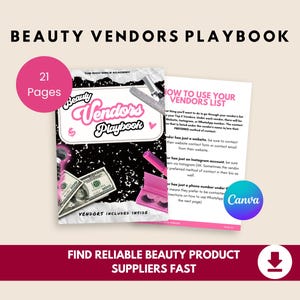 Puede incluir: Un manual de proveedores de belleza con un título en negro y rosa. La portada presenta el texto "Beauty Vendors Playbook" y un círculo rosa con "21 Pages". En el interior, hay una página con instrucciones sobre cómo usar la lista de proveedores.