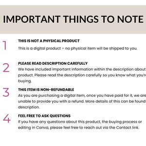 May include: A digital product notice with the text "IMPORTANT THINGS TO NOTE". The text includes information about the product being digital, to read the description carefully, that the item is non-refundable, and to feel free to ask questions.