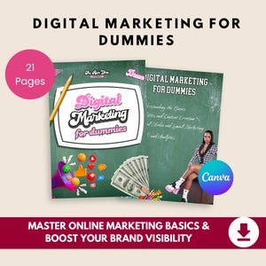 Könnte beinhalten: Ein Ratgeber für digitales Marketing mit dem Titel "Digital Marketing for Dummies" mit 21 Seiten. Das Cover zeigt den stilisierten Titel und einen Bleistift. Der Text im Bild lautet: "Master Online Marketing Basics & Boost Your Brand Visibility."