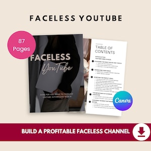 May include: A promotional image for a guide titled "Faceless YouTube." The cover features a person holding a laptop. The image includes a pink circle with "87 Pages" and a table of contents. The Canva logo is also visible.