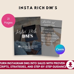 May include: Two digital guides titled "Insta Rich DM's" are displayed. One shows a laptop and the text "10 Sales Scripts & Strategies That Turn Your DM's Into A Cash Machine!" The other shows a table of contents. The image includes the text "Turn Instagram DMs Into Sales".