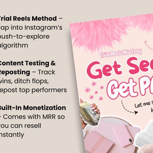 May include: A pink and white graphic with the text "Trial Reels Mastery Get Seen Get Paid". The image includes text about Instagram's algorithm, content testing, and monetization. Other elements include a stack of money, a phone, and sunglasses.
