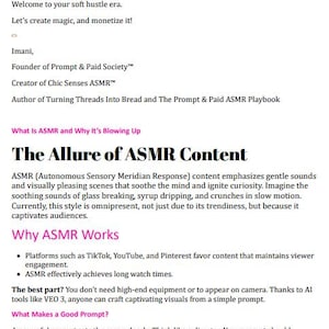 May include: A page from a guide titled "The Allure of ASMR Content" with text about ASMR, including why it works and how to create good prompts. The text is in black font on a white background.