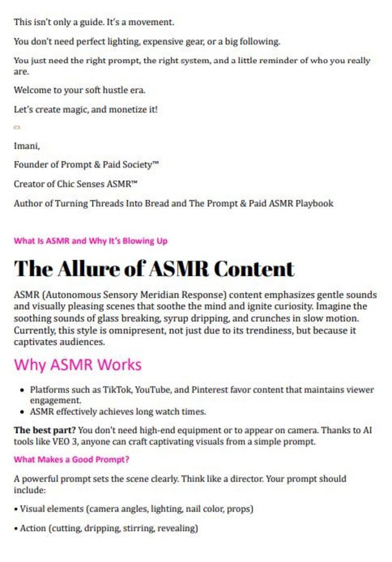 May include: A page from a guide titled "The Allure of ASMR Content" with text about ASMR, including why it works and how to create good prompts. The text is in black font on a white background.