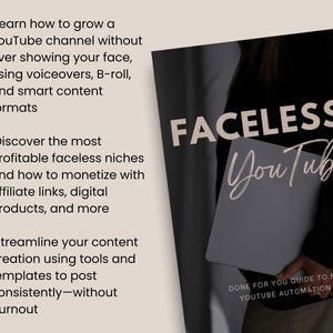 May include: A book cover with the title "FACELESS YouTube" in white and gray. The cover is held by a person wearing a black shirt. The book's subtitle reads "DONE FOR YOU GUIDE TO FACELESS YOUTUBE AUTOMATION WITH AI". The cover also lists tips on growing a YouTube channel.