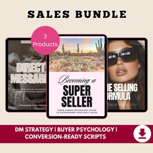 May include: A sales bundle graphic with three products. The text "SALES BUNDLE" is at the top. The products include guides on direct messaging, becoming a super seller, and a selling formula. The bottom banner reads "DM STRATEGY | BUYER PSYCHOLOGY | CONVERSION-READY SCRIPTS."