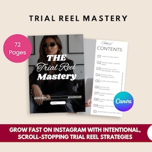 May include: A digital marketing guide titled "Trial Reel Mastery" with 72 pages, featuring a woman in sunglasses. The guide covers topics like viral content ideas, engagement, and monetization strategies for Instagram Reels. The Canva logo is visible.