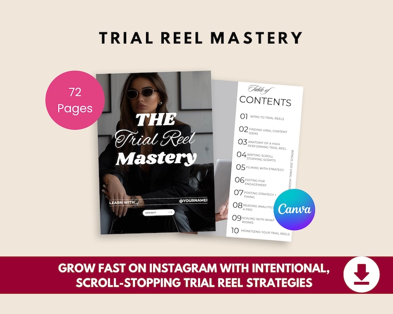 Op de afbeelding: Een digitale marketinggids genaamd "Trial Reel Mastery" met 72 pagina's, gericht op Instagram Reels. De cover toont een vrouw met een zonnebril. Onderwerpen zijn virale content, engagement en monetisatie. Canva-logo.