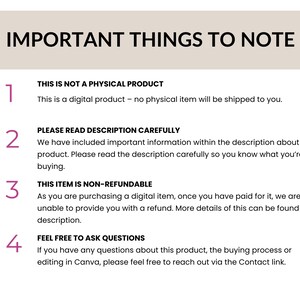 Op de afbeelding: Een digitale informatieblad met de titel "IMPORTANT THINGS TO NOTE". Het beschrijft de belangrijkste punten over een digitaal product, waaronder dat het niet fysiek is en niet-restitueerbaar. Het blad adviseert ook om de beschrijving te lezen.