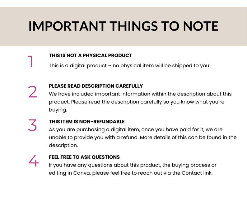 Op de afbeelding: Een digitale informatieblad met de titel "IMPORTANT THINGS TO NOTE". Het beschrijft de belangrijkste punten over een digitaal product, waaronder dat het niet fysiek is en niet-restitueerbaar. Het blad adviseert ook om de beschrijving te lezen.