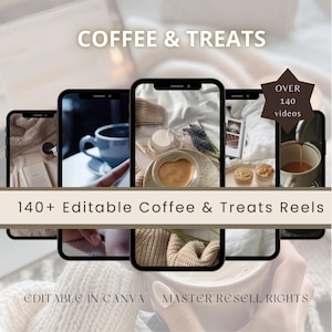 Könnte beinhalten: Eine Sammlung von über 140 editierbaren Coffee- und Treat-Reels für soziale Medien. Die Reels sind für die Verwendung auf Plattformen wie Instagram und TikTok konzipiert. Die Reels bieten eine Vielzahl von Coffee- und Treat-Themen, darunter Latte Art, Coffee-Shop-Dekor und gemütliche Winter-Vibes. Die Reels sind auch anpassbar, sodass du dein eigenes Branding und deinen eigenen Text hinzufügen kannst. Der Text auf dem Bild lautet "Über 140 Videos", "140+ editierbare Coffee & Treats Reels", "In Canva editierbar" und "Master Resell Rights".