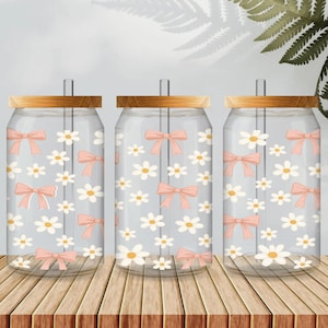 Coquette Bow & Daisy 16oz Libbey Glass Can Wrap | Seamless Pastel Sublimation PNG