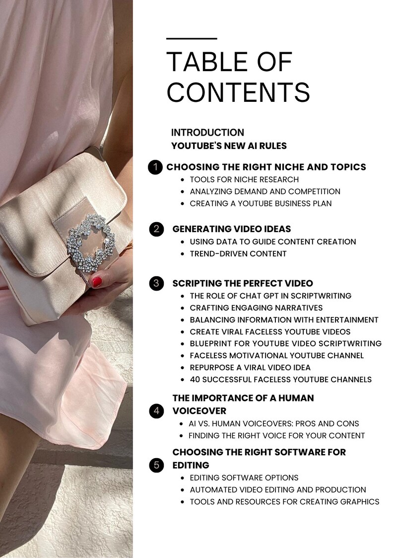 May include: A light pink satin clutch with a silver rhinestone clasp, next to a pink dress. The text on the page reads "Table of Contents" and lists topics like "Choosing the Right Niche and Topics" and "Scripting the Perfect Video."