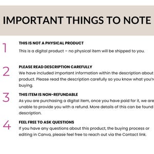 May include: A digital product information sheet with the title "IMPORTANT THINGS TO NOTE". The sheet includes four numbered points about the product, including that it is not a physical product and is non-refundable.