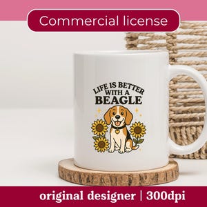 La vida es mejor con un beagle SVG PNG - Lindo clipart de perro de dibujos animados con girasoles, diseño retro para amantes de los perros para pegatinas y manualidades