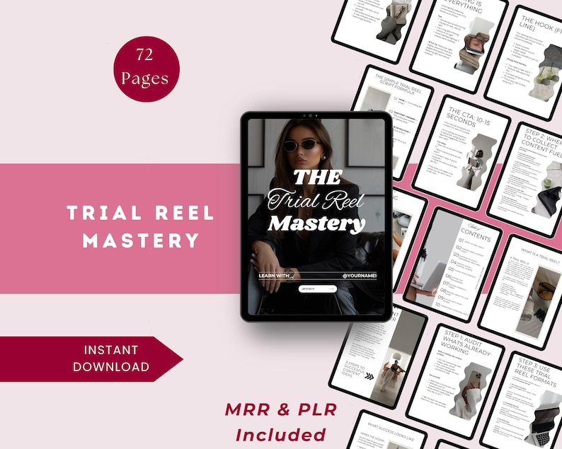 Op de afbeelding: Een digitaal product getiteld "Trial Reel Mastery" met 72 pagina's, met een vrouw met een zonnebril op een tabletscherm. Extra pagina's met inhoud worden weergegeven. De woorden "Direct downloaden" en "MRR & PLR inbegrepen" zijn ook zichtbaar.