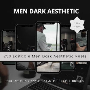 May include: A dark aesthetic digital product with the text "MEN DARK AESTHETIC" and "250 Editable Men Dark Aesthetic Reels". The image shows multiple phone screens with video content. The text "EDITABLE IN CANVA" and "MASTER RESELL RIGHTS" is also present.